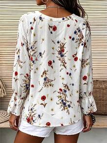 Women's Elegant Floral V-Neck Ruffle Trim Long Sleeve Blouse, Suitable For Tea Party, Travel, And Vacation Wear, Spring/Summer White - White - View 2