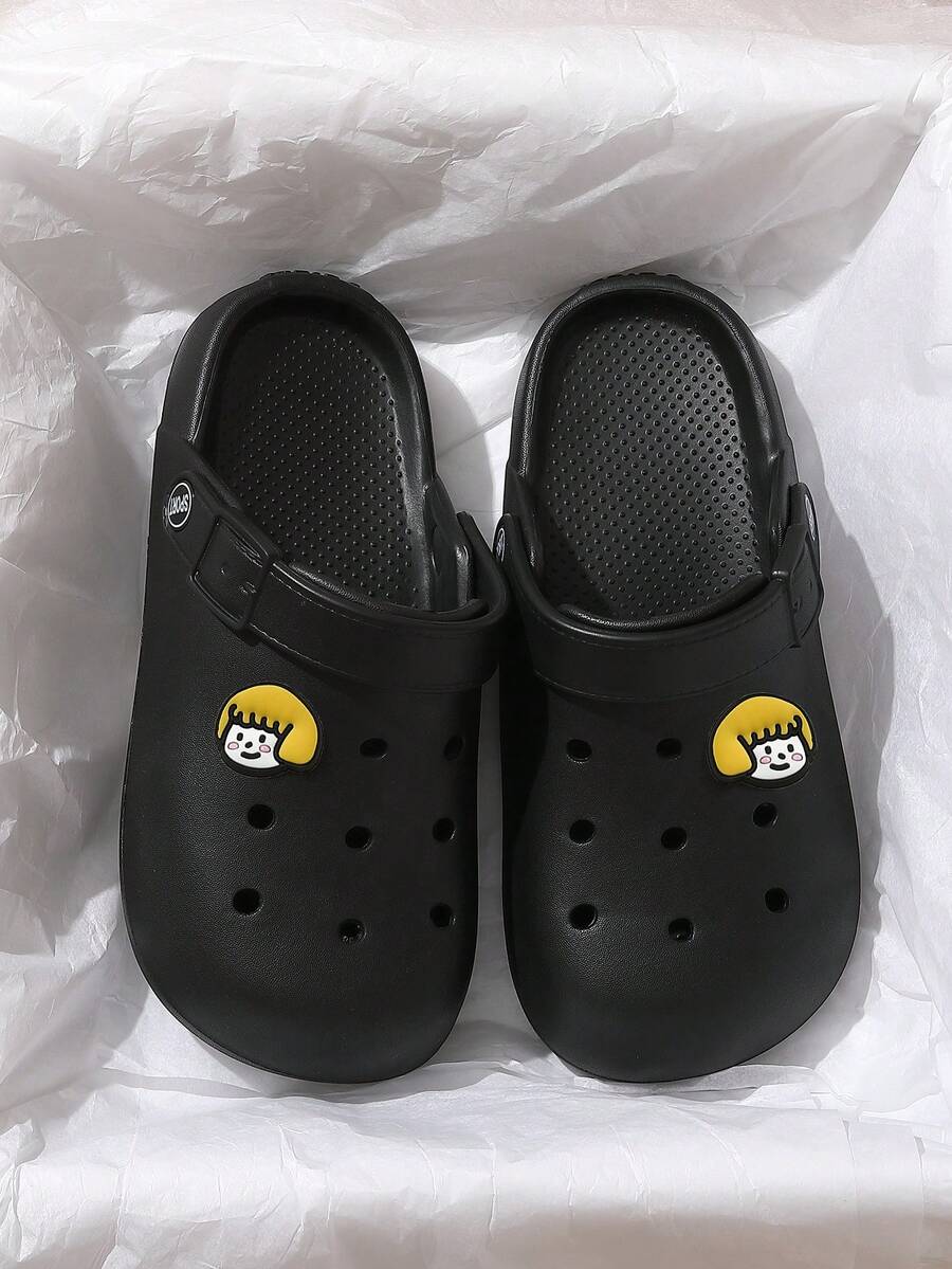 MAOLI Summer New Casual Hollow Sandals, Soft And Comfortable Beach Flat Slippers, Unisex Couples Solid Color Fashion Slip-On Open Toe Quick-Drying Breathable Shoes, Can DIY Accessory Matching - Black (little Girl) - View 1