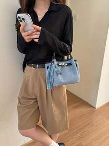 Dedoo 女款拼接牛仔迷你水桶托特包，銀色旋轉鎖雙手柄斜挎包，復古日常購物手提包，無吊飾 - 黑色 - 查看 7