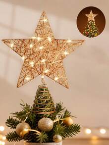 1pc-Christmas Lighted Christmas Tree Topper Tree Topper Star, Glitter Christmas Tree Topper Decorations Champagne Christmas Tree Star Suitable For Home Christmas Tree Decoration, Christmas Tree Star Topper, Hollow Star Tree Topper Decoration, Christmas Tree Decoration, Holiday Decoration, Christmas Home Gift, Christmas Decoration - Champagne - View 11