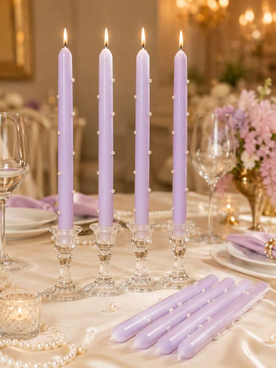2/4pcs Lavender Pearl Long Stem Candles, Smokeless Soy Wax Candles, Suitable For Wedding Dinner Table, Home Decor, Party And Romantic Atmosphere - Light Purple - View 1