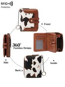 Hot-Selling New RFID Anti-Theft Women's Wallet With Chain Keychain, Colorblock Print Short Coin Purse - White - View 5