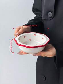 1pc Wavy Ruffled Edge Red Heart Ceramic Small Bowl, Pink Dual-Tone Rim Dessert Bowl, Home Sauce Bowl, Fruit Bowl, Breakfast Yogurt Bowl - Multicolor - View 2