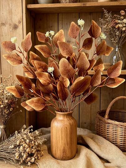 1 buah Ranting Eucalyptus Buatan Cokelat, Bunga Buatan, Daun Eucalyptus Silver Dollar, Tanaman Ranting Eucalyptus Hijau untuk Buket, Vas Pernikahan, Dekorasi Rumah dan Kantor, Rangkaian Bunga, Dekorasi Musim Gugur