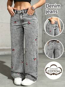 Elegant Cherry Embroidery Fashion Delicate Pocket Button Solid Color Pants, A Slightly Small Size Suitable For Spring, Summer, Autumn And Winter Daily Casual Outings, Commuting - Grey - View 2