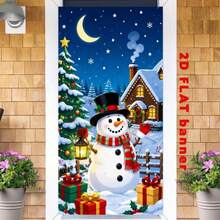 2D Plane 1 Piece Of Christmas-Themed Banner Background, Featuring A Snowman With A Christmas Tree, Gift Wrapping, A Snow Hut, And A Crescent Moon-Shaped Starry Sky. Made Of Polyester Material, No Power Supply Required. - View 3