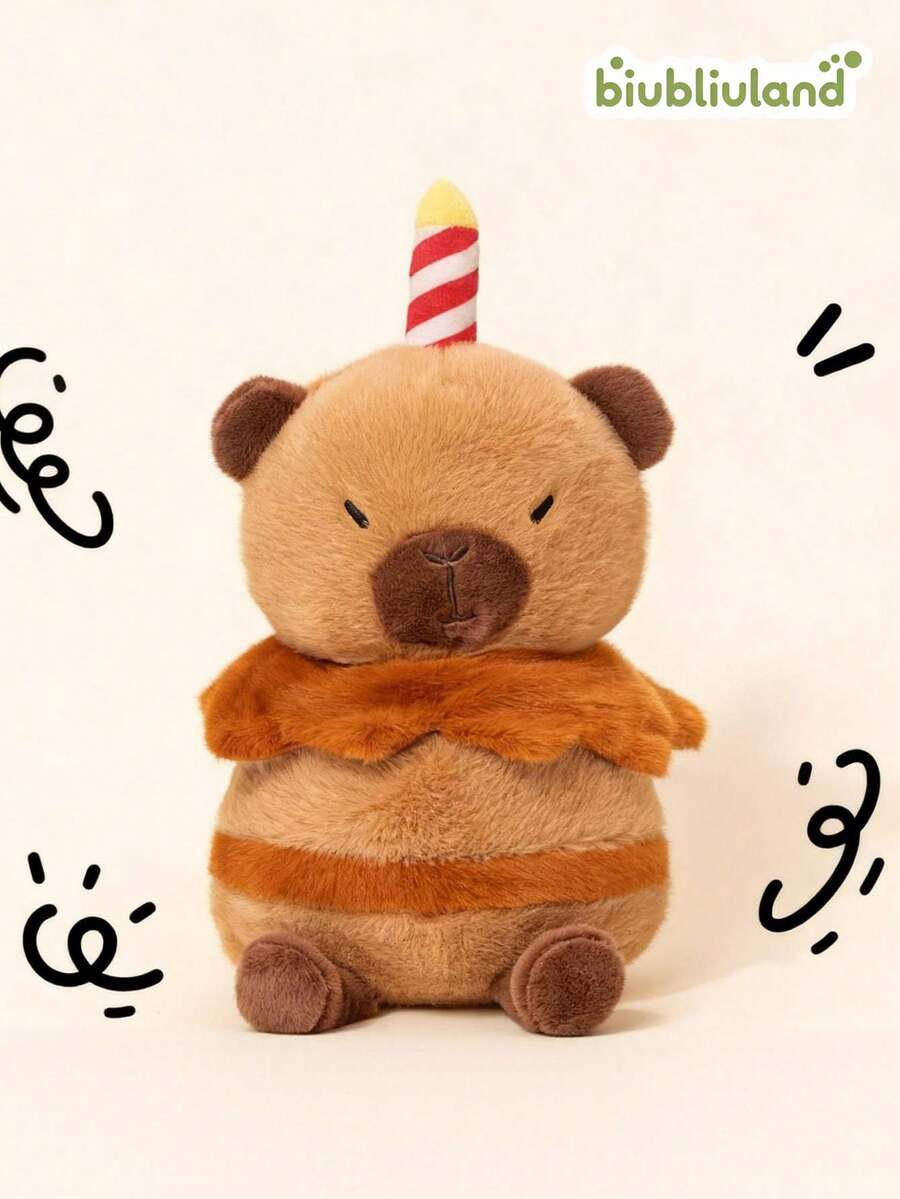 BIUBLIULAND Peluche de Pastel de Cumpleaños de Capibara Lindo de 11.8 Pulgadas, Animal de Peluche Marrón Kawaii con Vela, Juguete Suave para Decoración de Habitación Regalo para Niños & Adultos