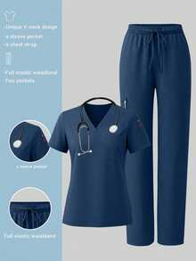 Women's V-Neck Multi-Pocket Scrubs Nurse Scrub, Workwear For Dentist, Healthcare, Pet Hospital, Laboratory Fall - Navy Blue - View 11