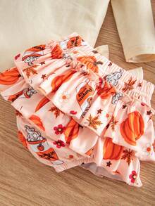 2pcs Baby Girl Cute Long Sleeve Bodysuit, Shorts, Socks And Headband Set, Thin Spring/Autumn - Apricot - View 4