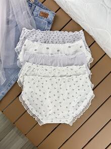 Aesletic 5pcs/Set Purple Floral Frill Trim Japanese Style Lace Bow Women's Triangle Panties - Multicolor - View 9