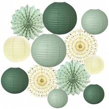 4pcs/12pcs Dark Green, Sage Green Paper Lantern Party Decoration Set, Including Hanging Paper Fans, Suitable For Ceiling, Wall, Patio, Garden And Photo Backdrop, Applicable For Birthday Party Decoration, Wedding Decoration, Shower Decoration, Anniversary, Bridal Shower - B231 - View 1