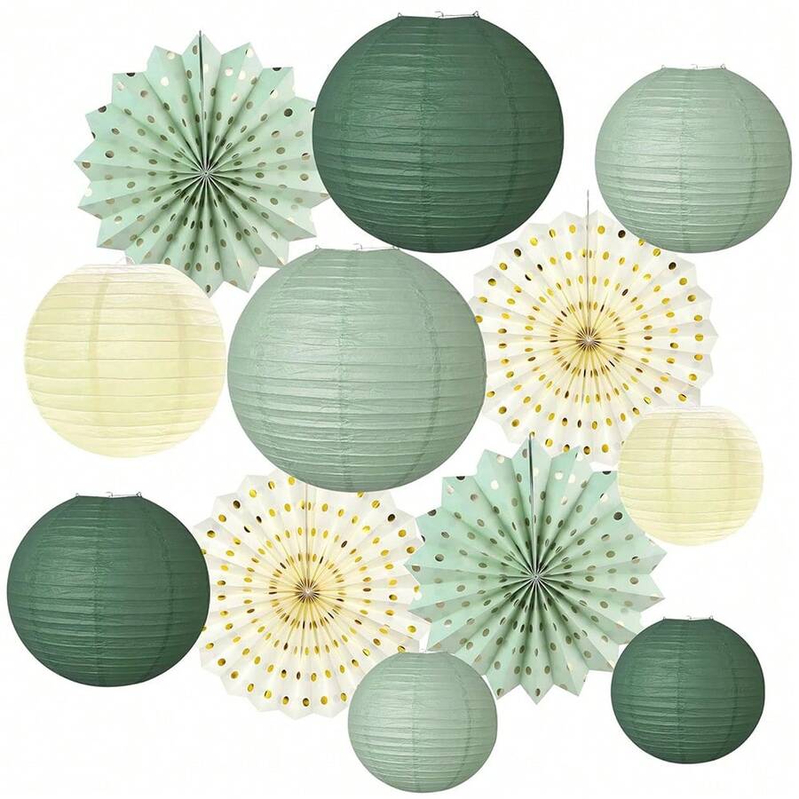 4pcs/12pcs Dark Green, Sage Green Paper Lantern Party Decoration Set, Including Hanging Paper Fans, Suitable For Ceiling, Wall, Patio, Garden And Photo Backdrop, Applicable For Birthday Party Decoration, Wedding Decoration, Shower Decoration, Anniversary, Bridal Shower - B231 - View 1