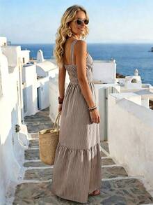 Spring/Summer Women's New Fashion Casual Elegant Square Neck Wide Strap Ruched Waist Slimming Vintage Striped A-Line Maxi Dress Brown - Brown - View 4