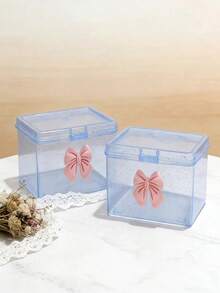 1/2件可愛蝴蝶結透明塑膠收納盒，亮片桌面收納盒，防塵化妝品珠寶文具小物品收納盒，粉色/藍色 - 彩色 - 查看 7