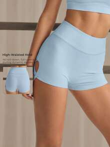 Women's Light Blue High Waist Side Slit Twist Knot Fitness Running Yoga Shorts, Side Hollow Cross V Waist Anti-Roll Up Fitness Riding Sports Summer - Baby Blue - View 2