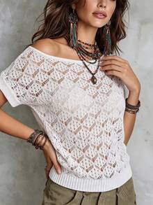 Women Casual Summer Beach Vacation Solid Color White Sloping Shoulder Hollow Out Knit Top - White - View 4