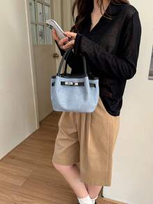 Dedoo 女款拼接牛仔迷你水桶托特包，銀色旋轉鎖雙手柄斜挎包，復古日常購物手提包，無吊飾 - 黑色 - 查看 3