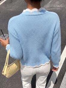 Preppy White Contrast Trim Knit Cardigan, V-Neck Heart Button Patch Pocket Short Jacket, Autumn Thanksgiving Streetwear - Blue - View 6