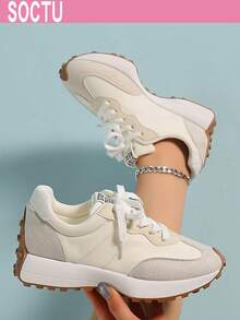 SOCTU Women's Round Toe Fashion Lace-Up Thick Sole Student Style Height-Increasing Casual Comfortable Running Sports Shoes - White - View 2