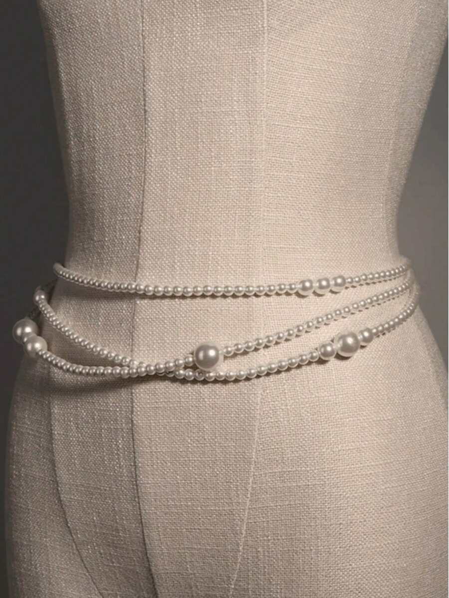 1 Peça Corrente Transversal de Pérola com Design de Moda, Múltiplos Estilos de Uso, Camisete Vestível, Corrente de Peito, Corrente de Cintura, Corrente Decorativa, Corrente de Cintura de Pérola Branca Elegante e de Alta Qualidade - Branco - Visão 1