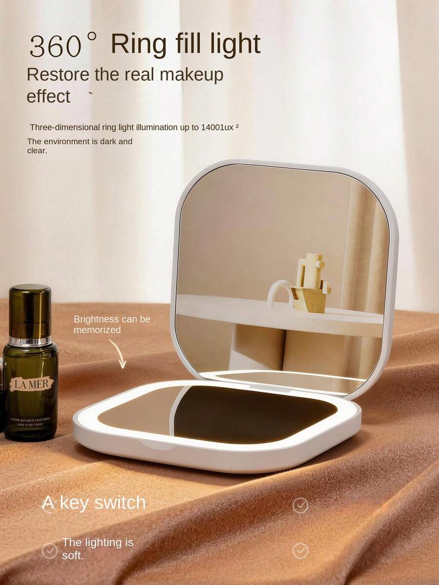 HYUNDAI Rechargeable Portable LED Makeup Mirror, 3-Color Dimmable Fill Light, Foldable Compact Mirror With Light - White - View 1