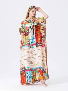 1pc Women's Faux Silk Printed Robe Shawl With Small Scarf Set, Outerwear Decor For Beach, Sun Protection, Windproof, Daily Wear - Multicolor - View 2
