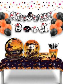 1 Pack Halloween Disposable Plastic Tablecloth, Pumpkin & Ghost Patterns, Cute Yet Spooky Haunted House Style, Indoor & Outdoor Birthday Party Supplies, Halloween Table Decorations - Halloween Party Tablecloth - View 7