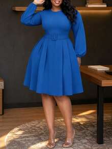 Gaun Midi Wanita Elegan dengan Hem Berkerut, Sabuk, Leher Bulat, Saku, Warna Polos, Bahan Cocok untuk Acara Elegan, Kasual, Formal, Kantor, Musim Gugur - Royal Blue - View 3