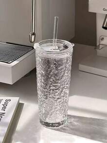 1個創意新款條紋竹節玻璃杯，附蓋與吸管的居家辦公咖啡杯 - 彩色 - 查看 11