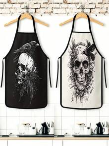 2/4PCS Dark Art Halloween Skull Crow Apron Set, Tattoo Style Skeleton Raven Feather Ornate Pattern Kitchen Apron, Waterproof Oilproof Cooking Bib For Baking Grilling, Gothic Spooky Home Decor Halloween Party Gift For Women Men - Multicolor - View 5