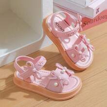 Lugualt Girls' Fashion Sunny Sandals, Korean Style Bow Knot Hook & Loop, Lightweight Non-Slip Soft Sole Princess Slides For Daily Wear And Outings - Baby Pink - View 5