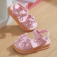 Lugualt Girls' Fashion Sunny Sandals, Korean Style Bow Knot Hook & Loop, Lightweight Non-Slip Soft Sole Princess Slides For Daily Wear And Outings - Baby Pink - View 7