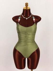 Women's Elegant Solid Color Halter Backless Cross-Tied Beaded Ruffle Textured Bust Pleated Waist One-Piece Swimsuit Vacation Beach Summer - Green - View 8