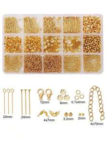 Juego de 7 piezas de accesorios de joyería compactos en oro & plata, incluye broche de langosta, broche de bolsa, anillos abiertos, tubo de posicionamiento, pinzas de joyería de punta afilada, anillos abiertos, adecuado para hacer pulseras, collares, cadenas de teléfono - Multicolor - Ver 9