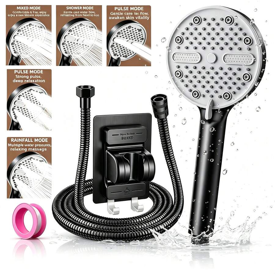 5-Mode Handheld Shower Head Set With 1.5m Hose, Adhesive Bracket And Sealing Tape, Black Bathroom Shower Set - Shower Head - View 1