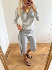 Women's Striped V-Neck Long Sleeve Knit T-Shirt, Button Detail Design, Suitable For Autumn/Winter Casual Wear. Autumn Sports Casual Daily Top. - Light Grey - View 5
