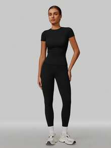 MFVIM Women's Solid Color Round Neck 2-Piece Set Slim Fit Yoga Outfit Short Sleeve Top High-Intensity Tight Versatile Outdoor Running Sports Fitness Wear - Black - View 7