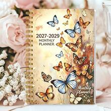 1pc A5 Paper Cover 2027-2029 3 Year Monthly Spiral Planner, Vintage Watercolor Colorful Butterfly Wildflower Print Calendar Journal, For Long-Term Monthly Schedule & Goal Tracking School Supplies - Butterfly - View 3