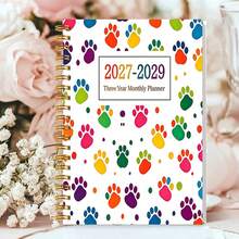 1本 A5 紙封面 2027-2029 三年期月計畫螺旋裝訂本，全彩印花彩虹色爪印日曆手帳，適用月度長期行程與目標規劃，學校用品 - 爪印 - 查看 3