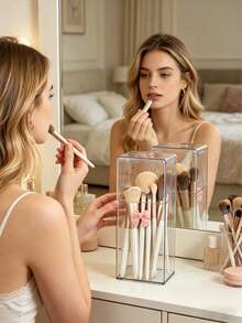 1pc Acrylic Transparent Makeup Brush Holder, Cosmetic Desktop Storage Box - Multicolor - View 1