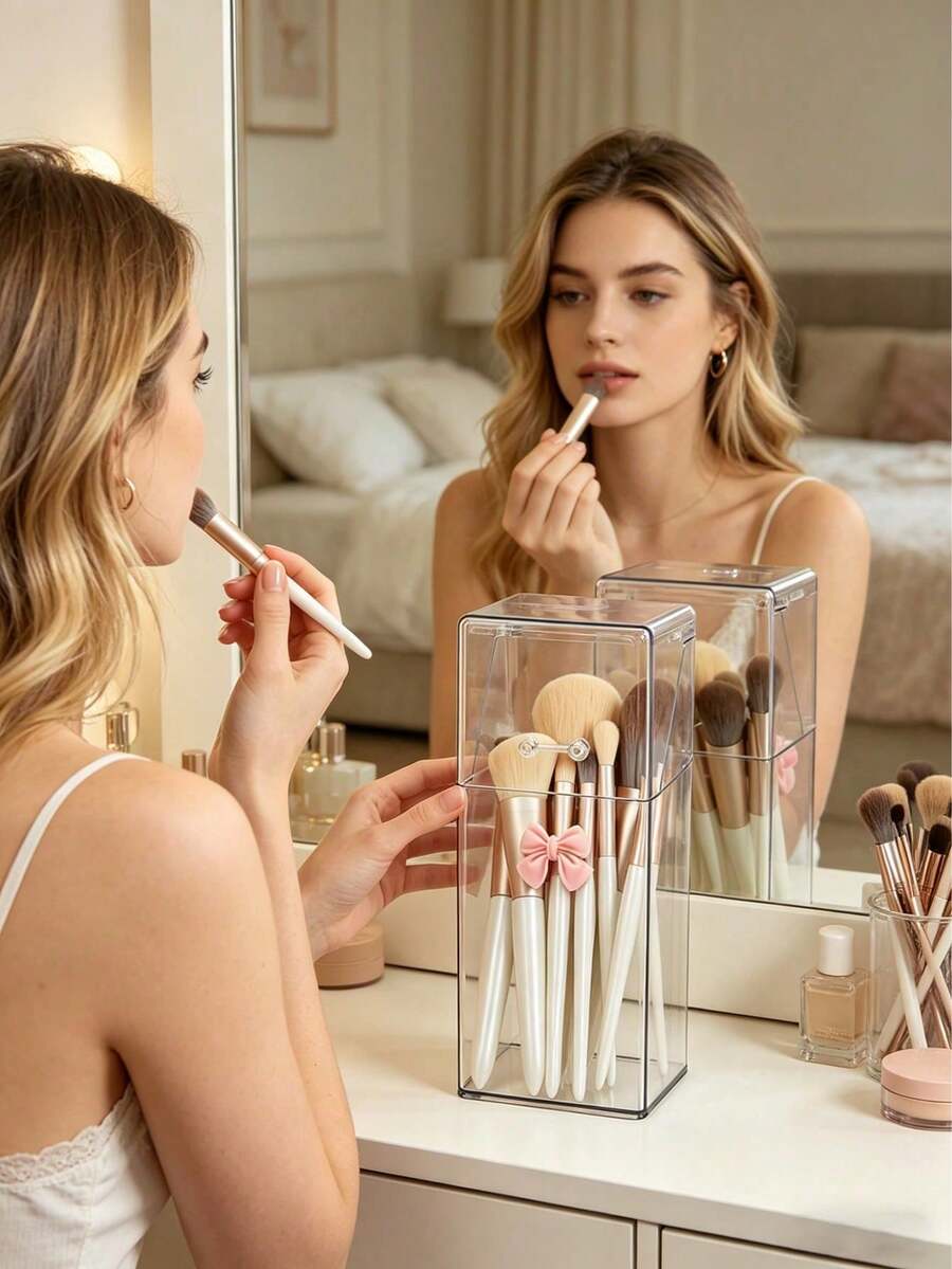 1pc Acrylic Transparent Makeup Brush Holder, Cosmetic Desktop Storage Box - Multicolor - View 1