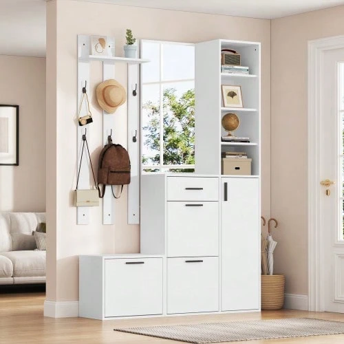 Hall Tree For Entryway, Including Shoe Cabinet, Mirror, And Coat Hooks - 白色 - 查看 1