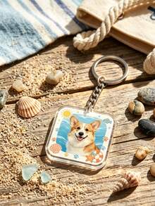 Llavero cuadrado personalizado con foto de mascota, adorno conmemorativo de mascota con patrón de concha de playa, regalo único para dueños de perros y gatos - Multicolor - Ver 2