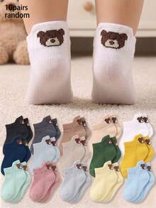 10 Pairs Random Color Baby Socks, With Heel, High-Top Design, Cute Bear Pattern, Suitable For 0-3 Years Old Babies, Unisex, Non-Slip, Animal Pattern, Comfortable And Breathable, No Tightness, Suitable For Daily Wear, 0-36 Months Babies, All Seasons, Indoor And Outdoor Wear, Baby Socks, Newborn Socks, Toddler Socks, Non-Slip Socks, Non-Slip Socks, Newborn Gift, Christmas Gift, Newborn Essentials - Multicolor - View 10