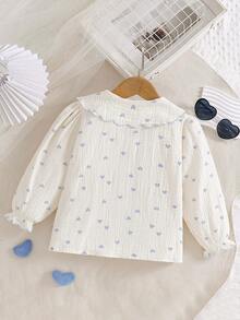 Girls' New Long Sleeve Shirt, Sweet Heart Print, Pure Cotton, Collared Blouse Top - White - View 2