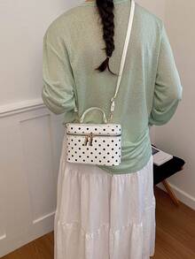 Bolso de cosméticos vintage con lunares, caja pequeña, bolso de almacenamiento cuadrado de mano exquisito, bolso de hombro y bandolera versátil con textura para mujer - Blanco - Ver 6
