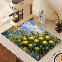 Lemon Print Pattern Drainage Mat/Absorbent Mat/Drying Mat Coffee Machine Dish Drying Mat - Absorbent Polyester Tabletop Protector With Rubber Non-Slip Backing, For Kitchen Countertop Decoration - Home Bar And Dining Table Placemat - Multicolor - View 4
