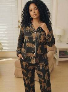 CAJUNI Plus Size Women's Leopard Print Long Sleeve Lapel Pajama Pants Set - Black - View 3