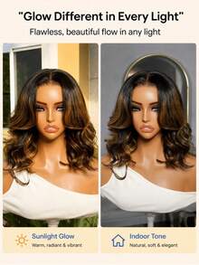UNice 7x5 Bye Bye Slip™ Lace Brown Gradient Highlighted Big Wave Bob Wig, Invisible Drawstring, Fits All Head Sizes, 150% Density, Pre-Plucked Hairline, Pre-Trimmed, Bleached Knots, Ready To Wear, Suitable For Women Beginners, Quick Wear In Summer - SNatural/2/30 - View 7