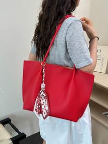 Dedoo 女款鵝卵紋理人造皮革大容量托特包，附圍巾飾飾品，韓系極簡風格校園後背包，適合大學校園與購物使用 - 紅色 - 查看 4
